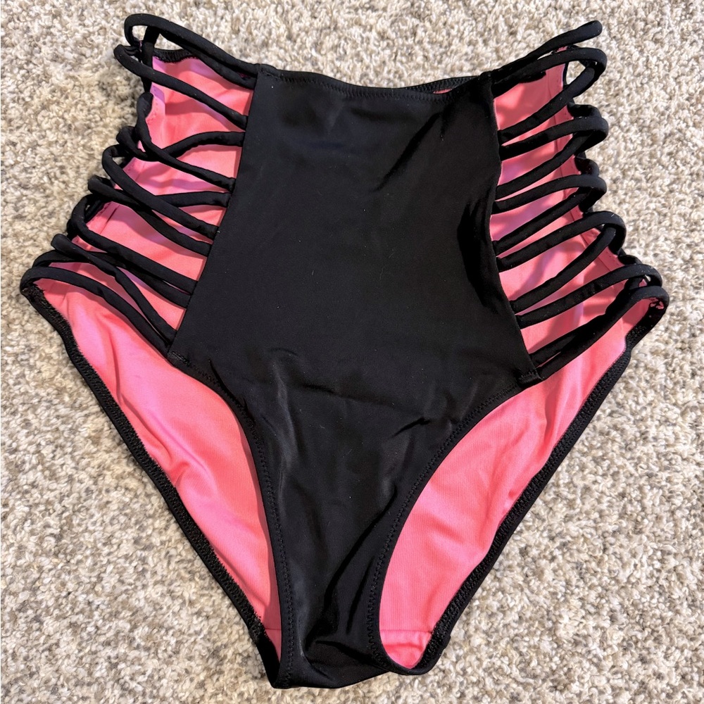 PINK Strappy High Waist Black Swimmy Bottoms - M